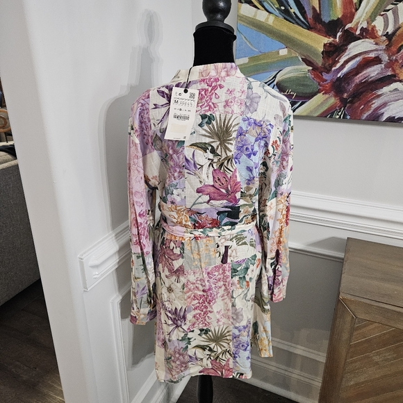 ZARA Floral Parrot Linen Mini Dress M Belted Long Sleeve Size M belt, NEW! - Picture 4 of 16